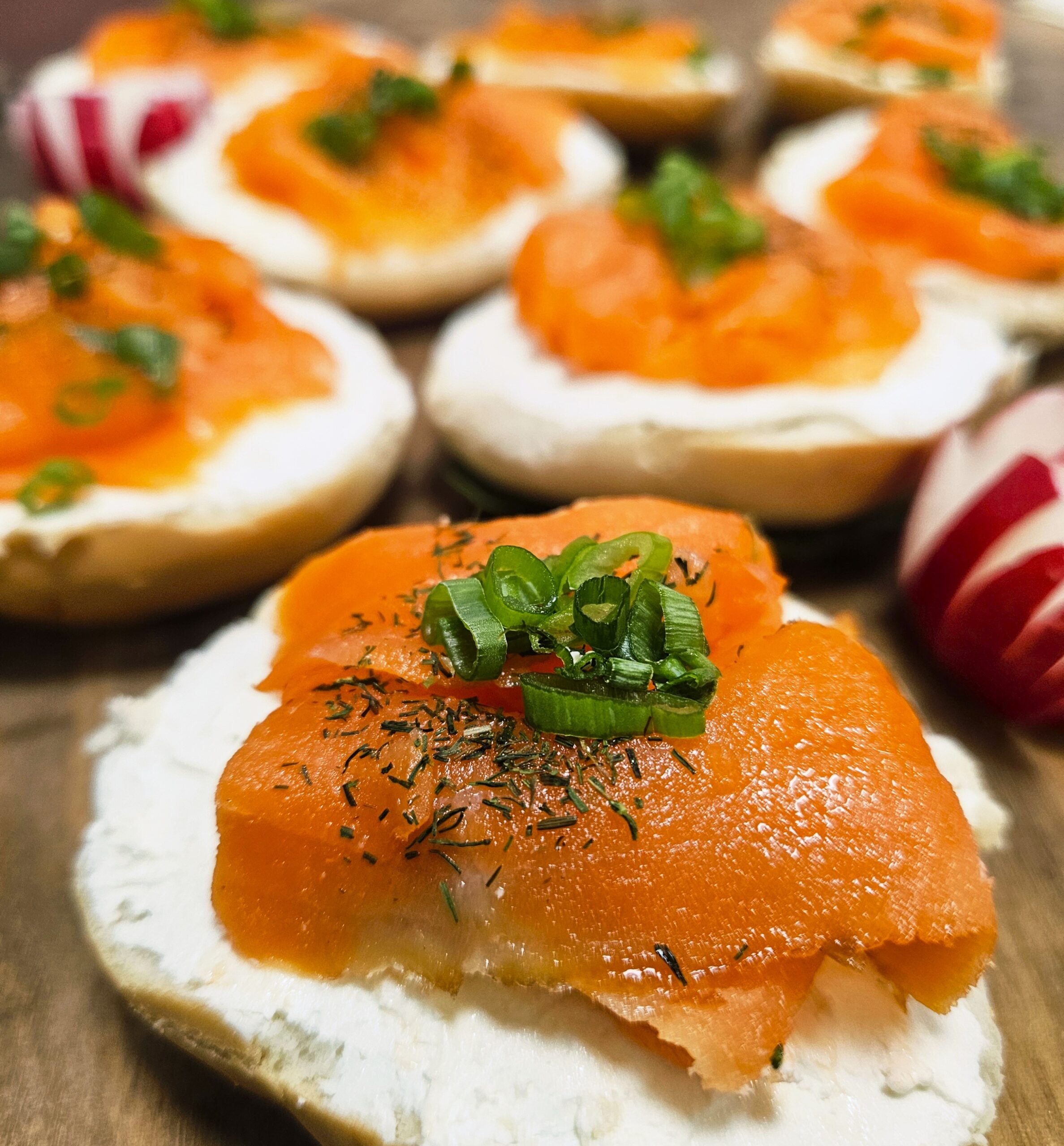 OPEN FACED LOX AND CREAM CHEESE MINI BAGELS (1dz)